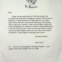 1998 Letter to Southport from Uncle Tacko! offering both the Pierrotters and Poppets Puppets